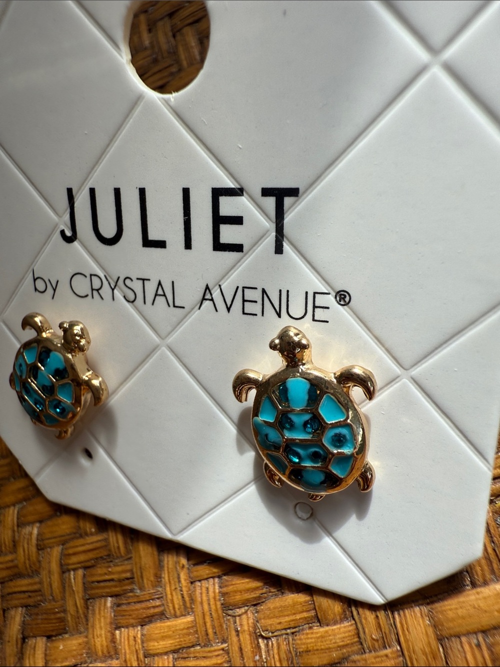 Gold Turtle Stud Earrings with Teal Crystal Shell - Picture 5 of 6